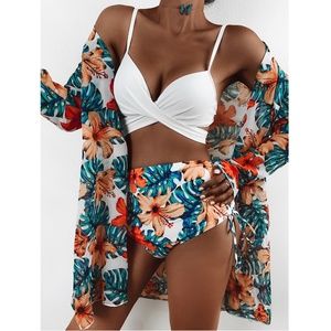 3 Piece Tropical Print Swimwear Set